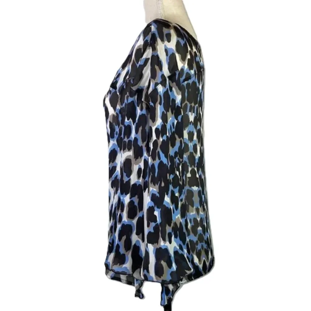 Robert Cavalli Blue Black Leopard Print Silk Blouse Bell Sleeve Sheer Size XS - Picture 3 of 13